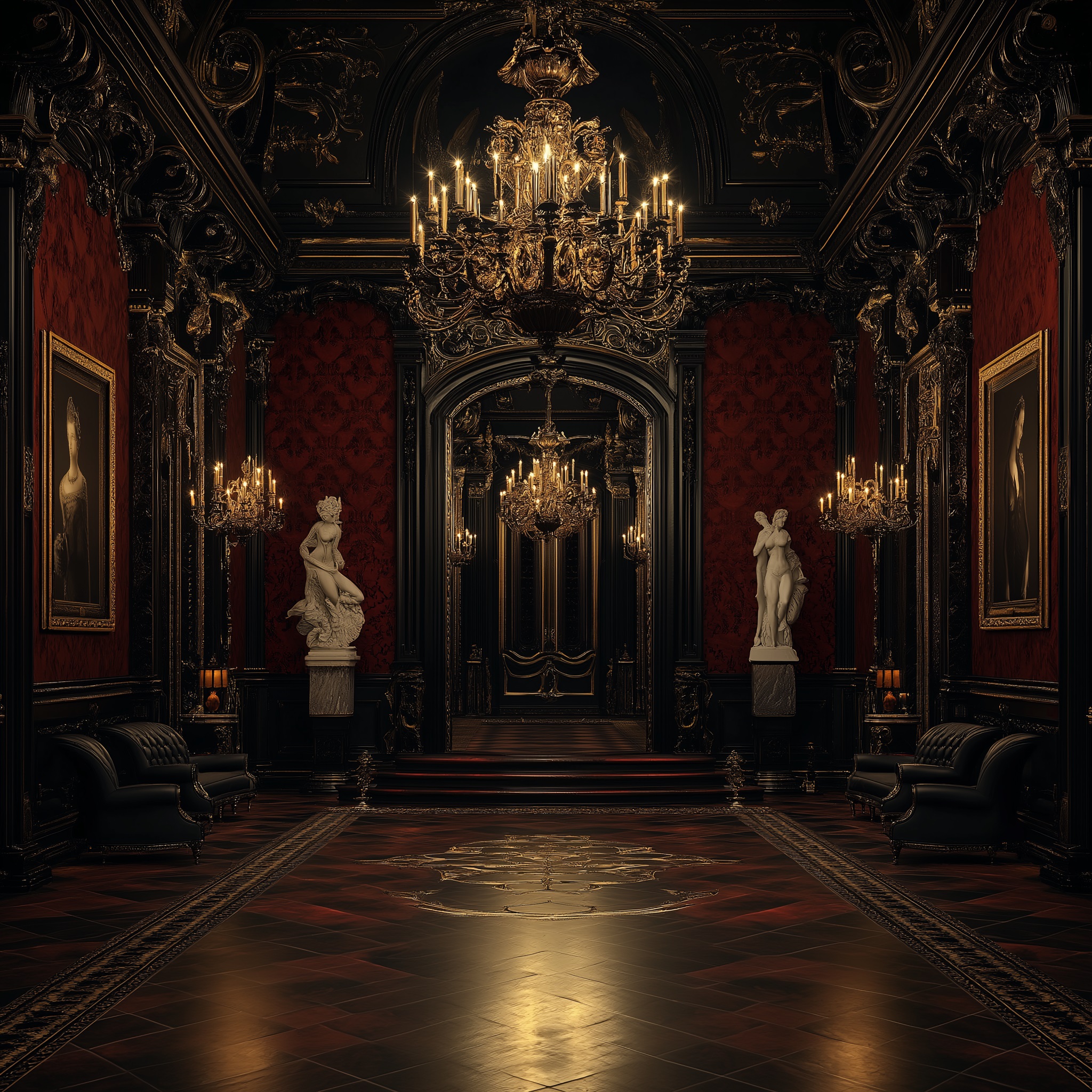 An opulent, 19th-century Parisian grand foyer, empty of people, with cinematic lighting. The room is decorated in a dark, sensual, and luxurious style of red and black. The walls feature black-on-black Fleur-de-lis patterned wallpaper. A massive, ornate gold chandelier hangs in the center, casting soft, warm light. The room is furnished with a few empty, black leather wingback chairs. Large, classic erotic paintings in heavy gold frames hang on the walls. Various marble statues of women adorn the room. The atmosphere is mysterious and exclusive. Photorealistic, 8k, hyper-detailed, dramatic. --v 6.1 Job ID: 9ee191d3-c358-49fb-bd43-945572cbdf2c